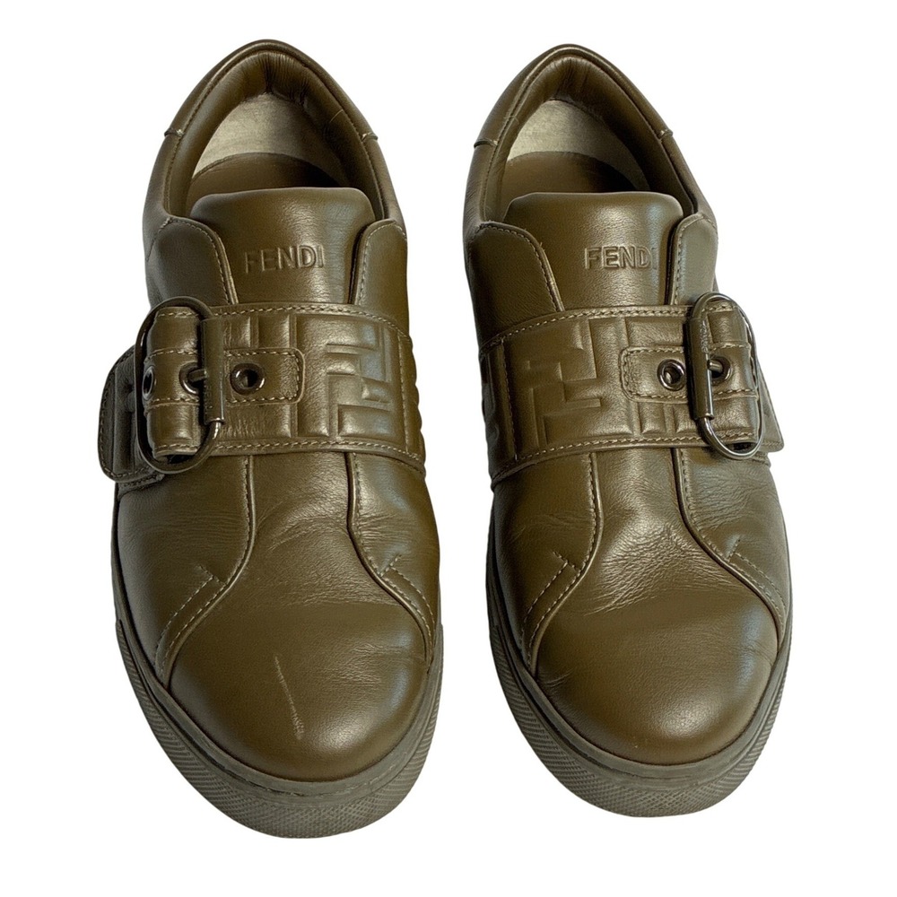 Fendi Roma Olive Green Leather FF Monogram Buckle Sneakers 8E 6734 Size 38